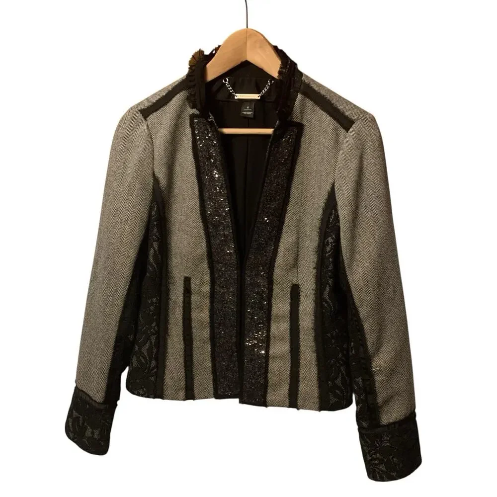 WHBM Women’s Herringbone Sequin Lace Blazer Jacket Size 4 EUC